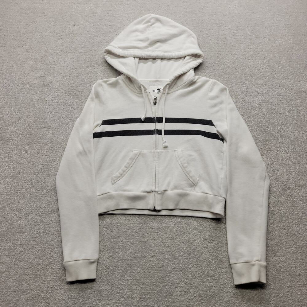 Hollister Womens S White Cropped Full Zip Hoodie Black Stripe Y2K Logo
